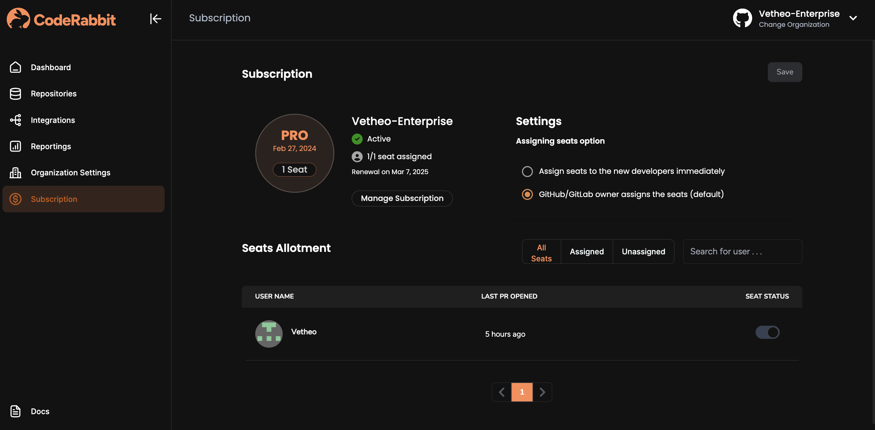 Seat Management for CodeRabbit Subscription